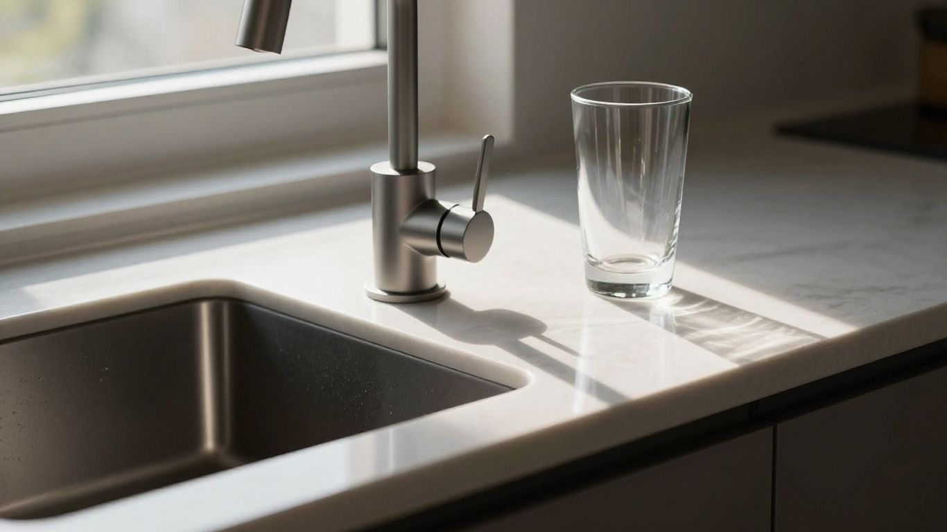 Modern kitchen countertop with faucet and sunlight.
