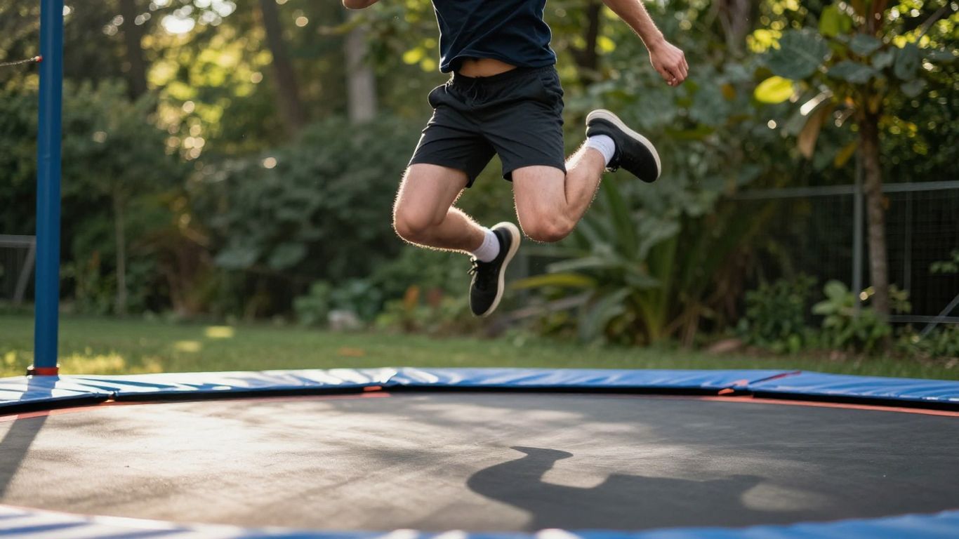 Person jumping high on a trampoline