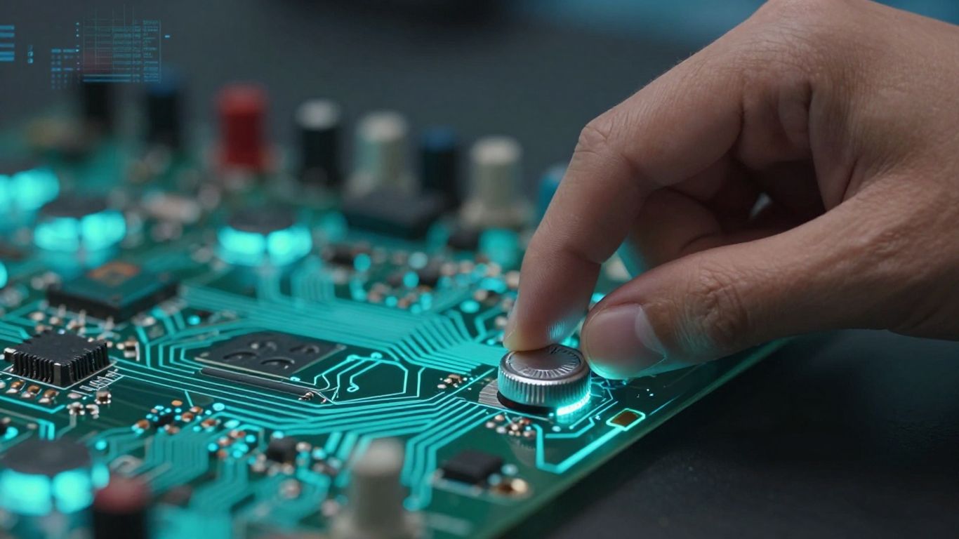 Hand adjusting dial on glowing circuit board for AI cost optimization.