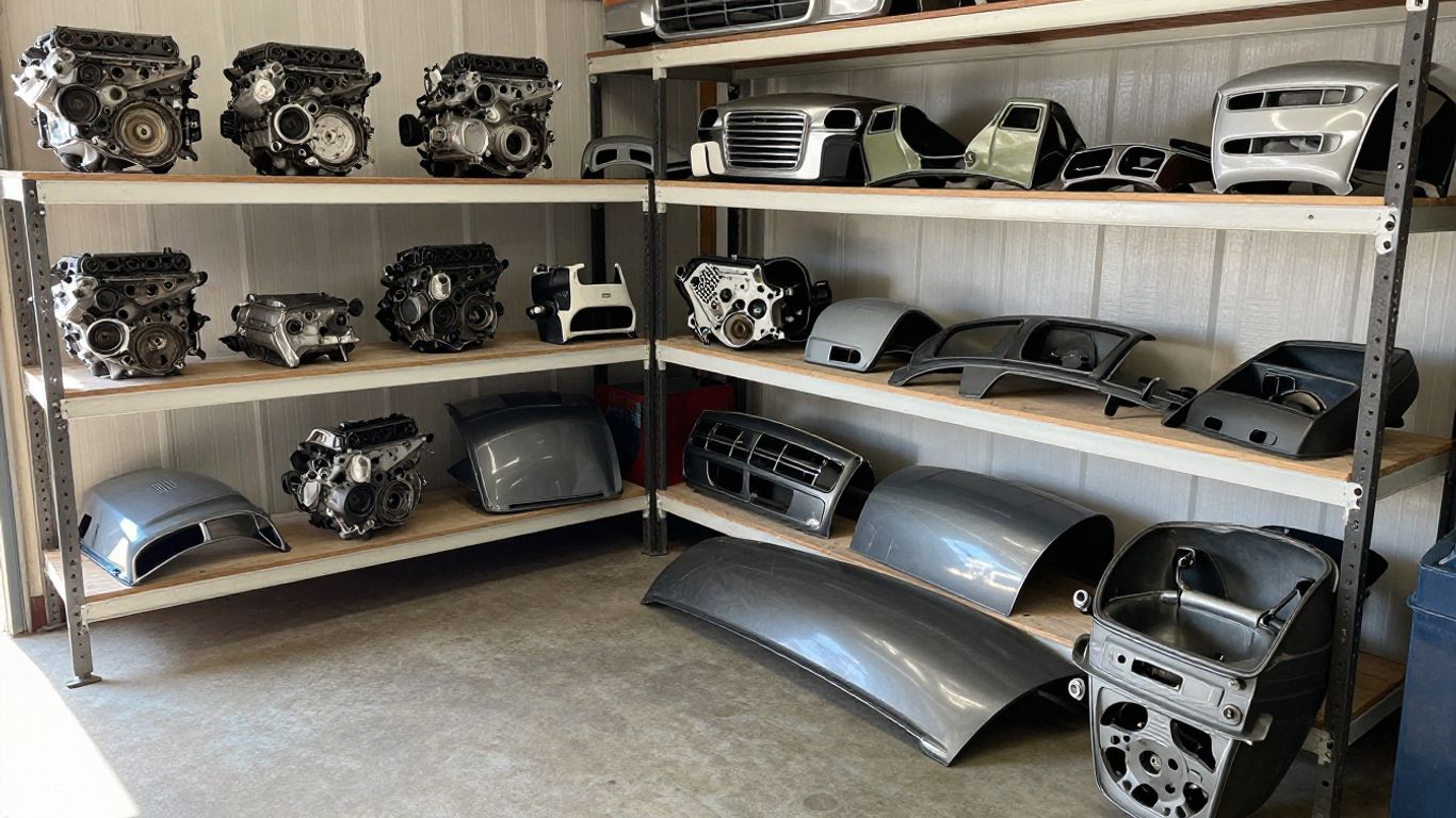 Used Chrysler car parts in a garage.