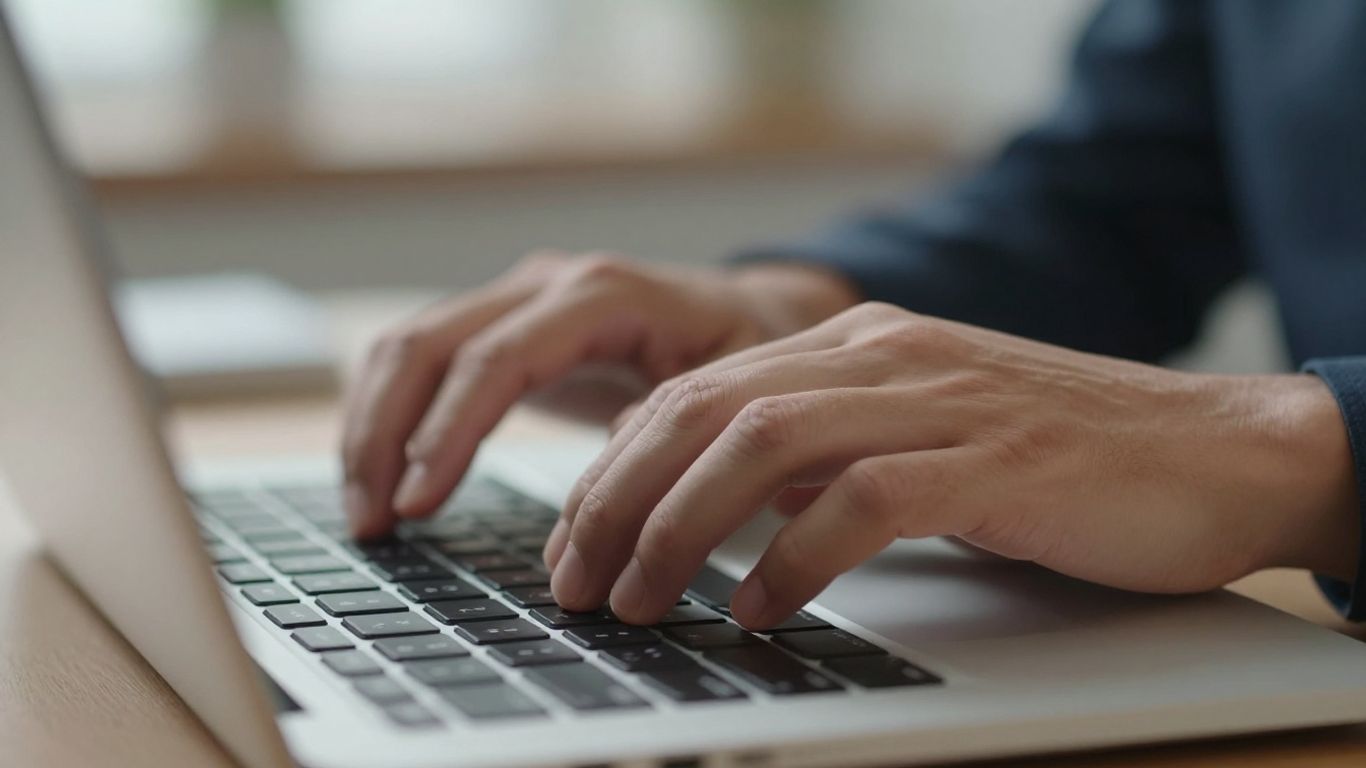 Hands typing on a laptop keyboard in an office.
