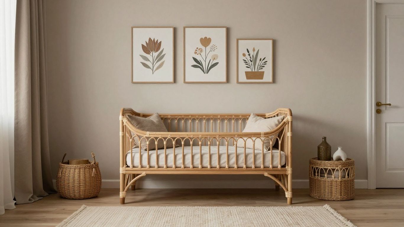 Vintage nursery with muted earth tones and rattan crib.