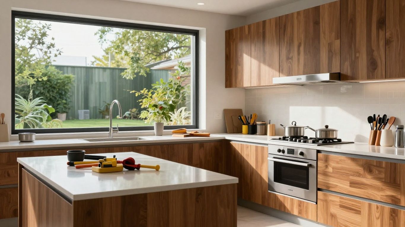 Modern kitchen renovation in progress with tools.