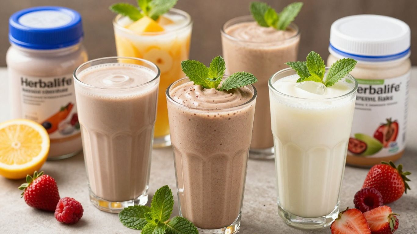 Assortment of rich Herbalife shake flavors with fruit garnishes.