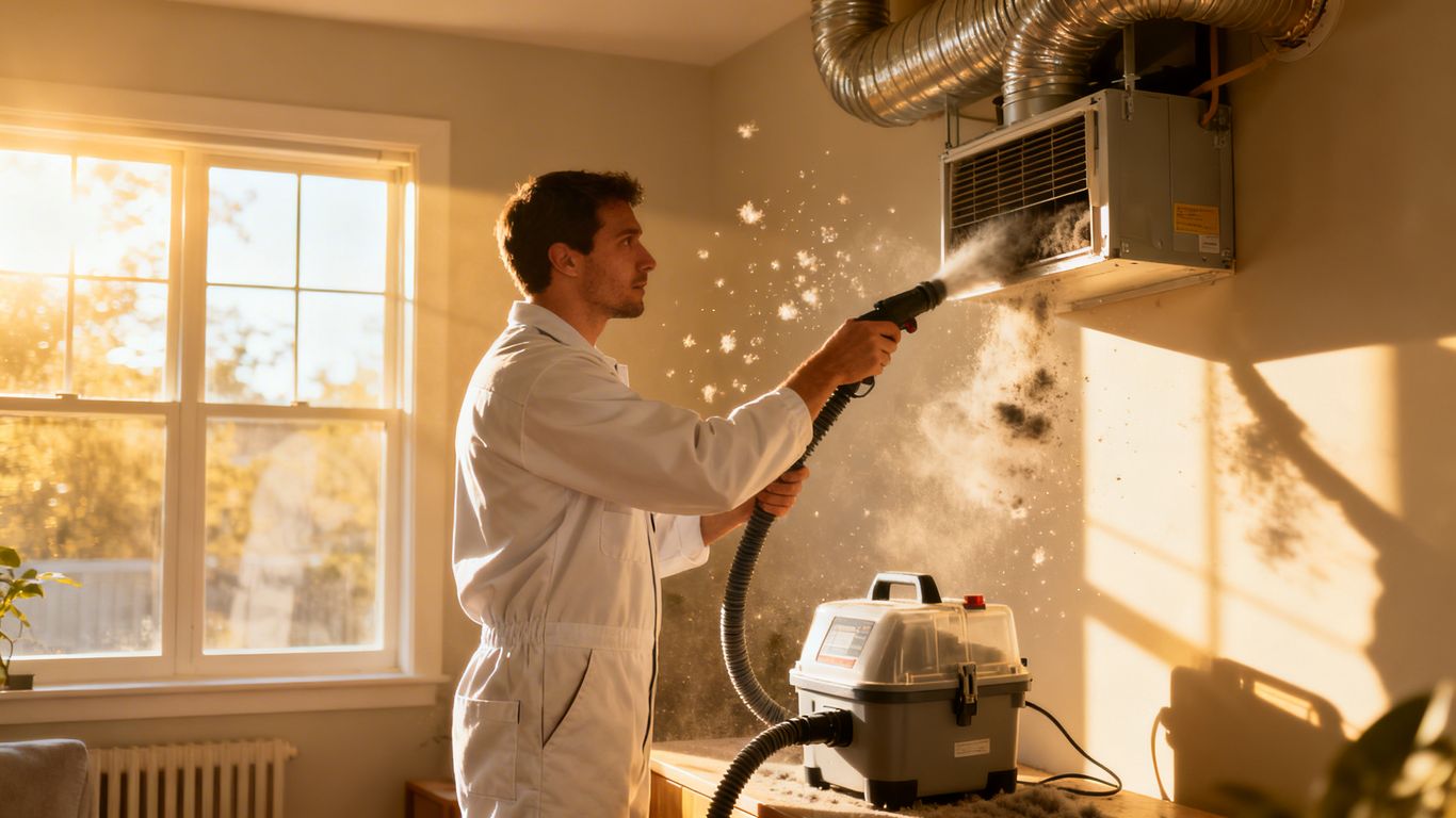 Technician cleaning home air ducts with sunlight.