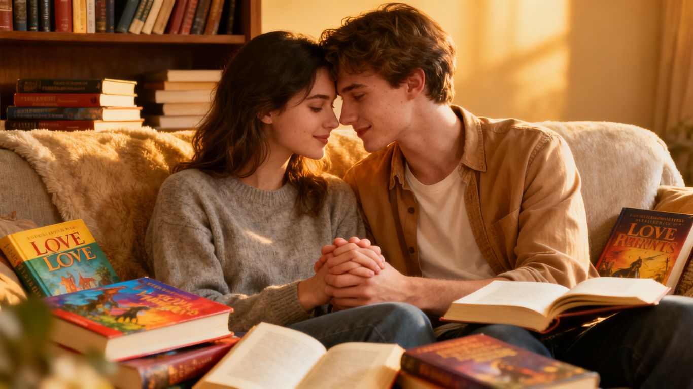 Young couple reading romance books together