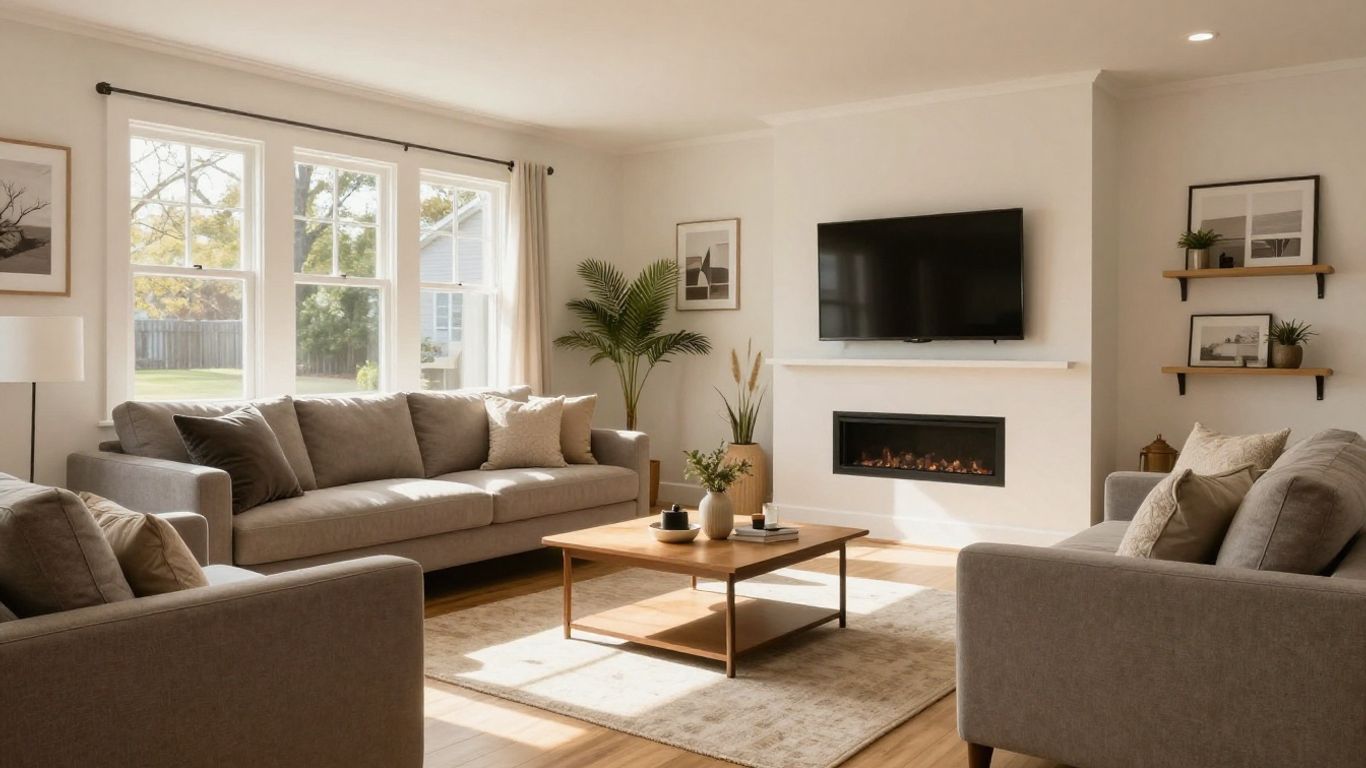 Renovated basement living space in Suwanee, Georgia.