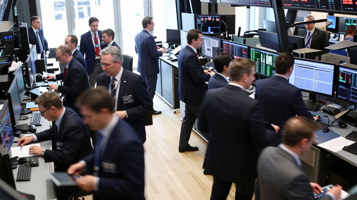 Stock exchange floor with traders in action.