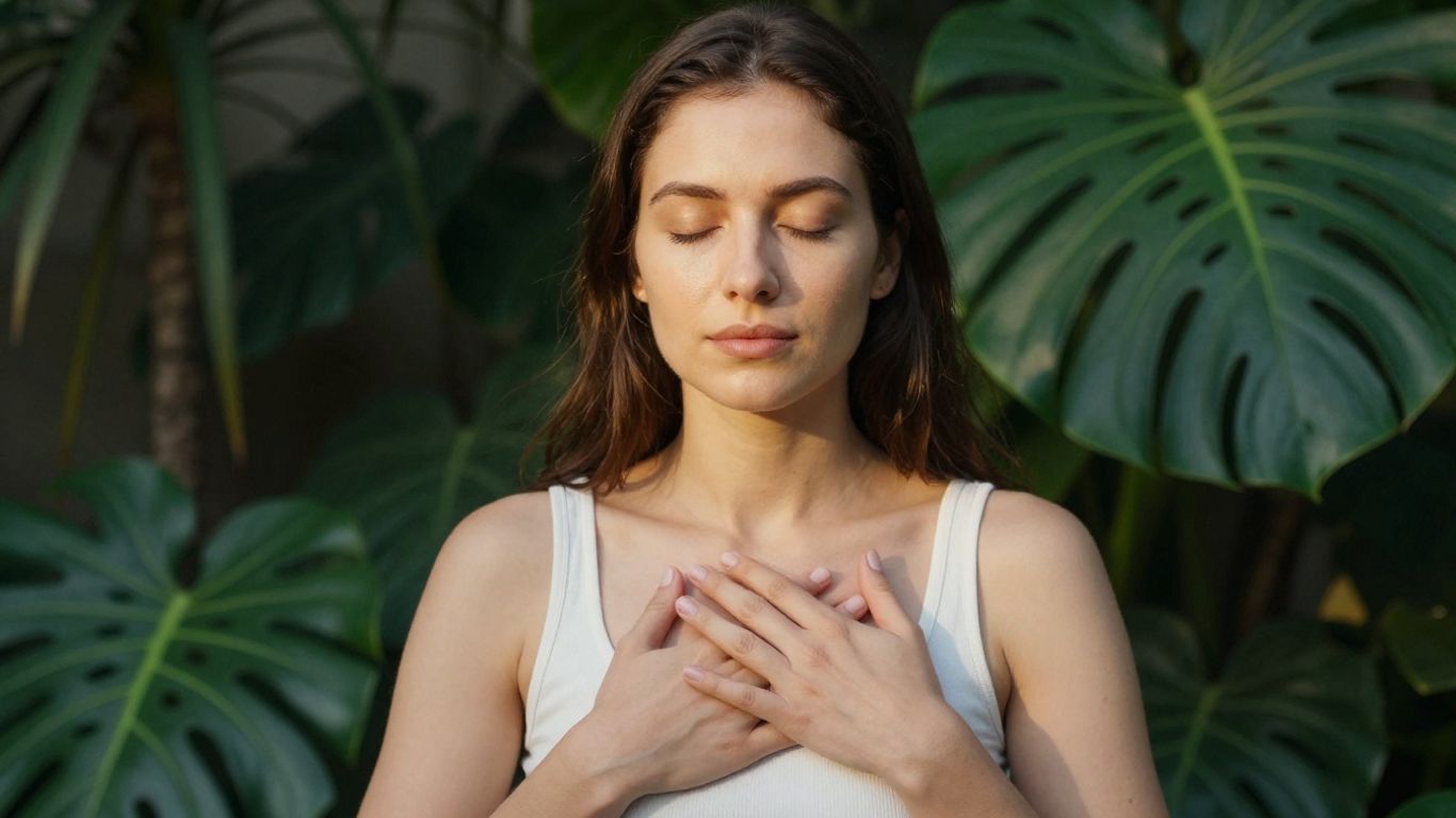 Woman meditating with hands on heart, feeling empowered.