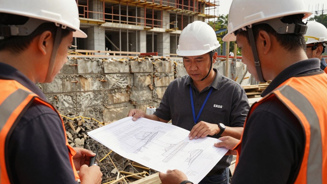 Engineering team reviewing excavation support plans onsite