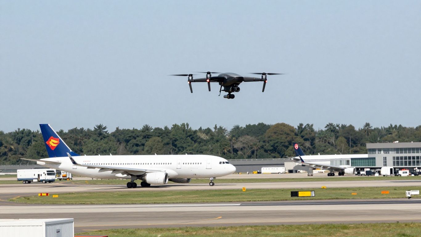 Drone flying near airport runway with airplane.
