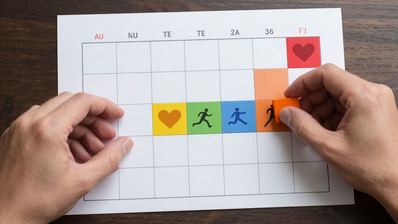Hands arranging time blocks in a calendar for health habits.