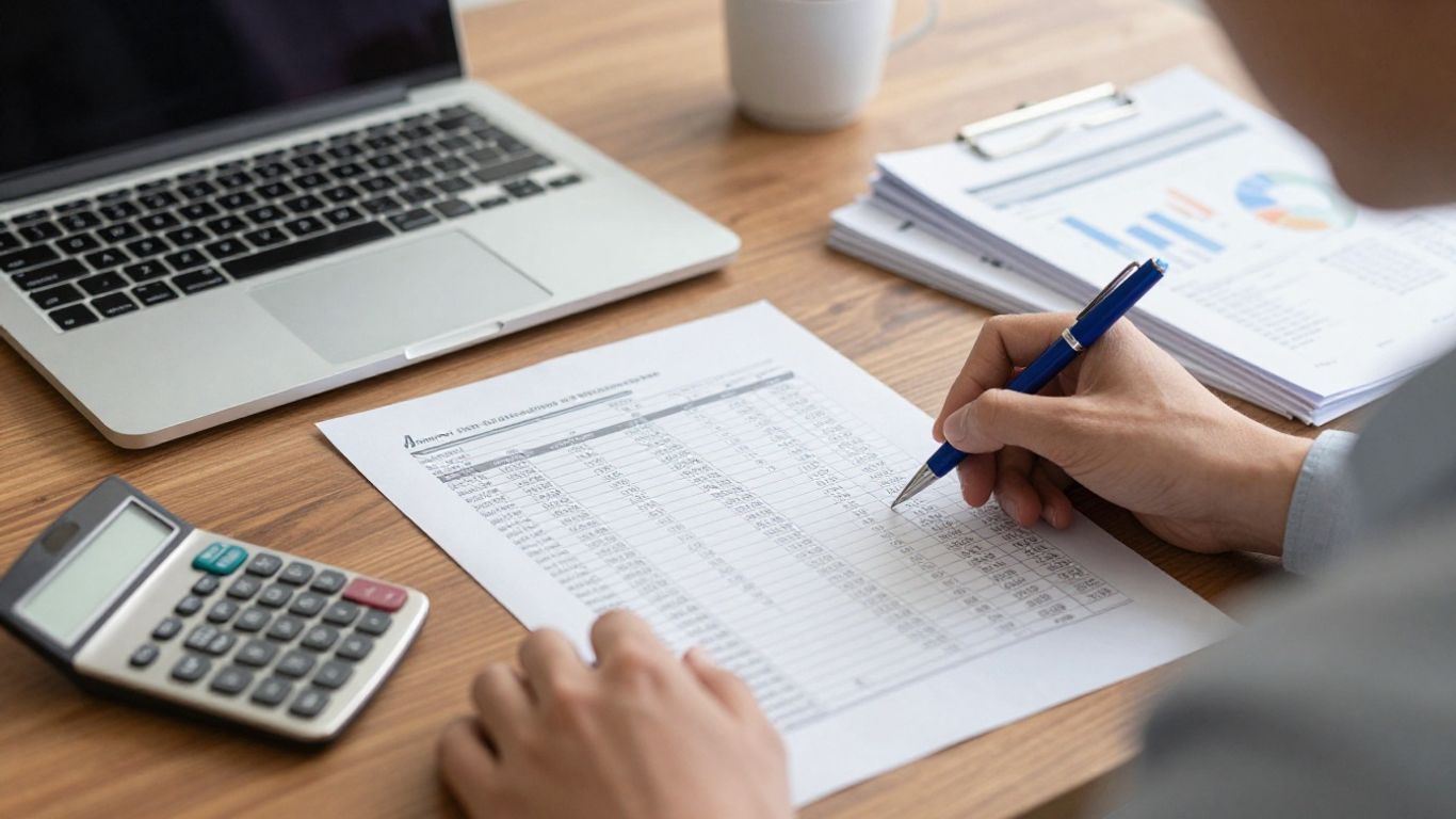 Analyst reviewing bank transactions beside laptop