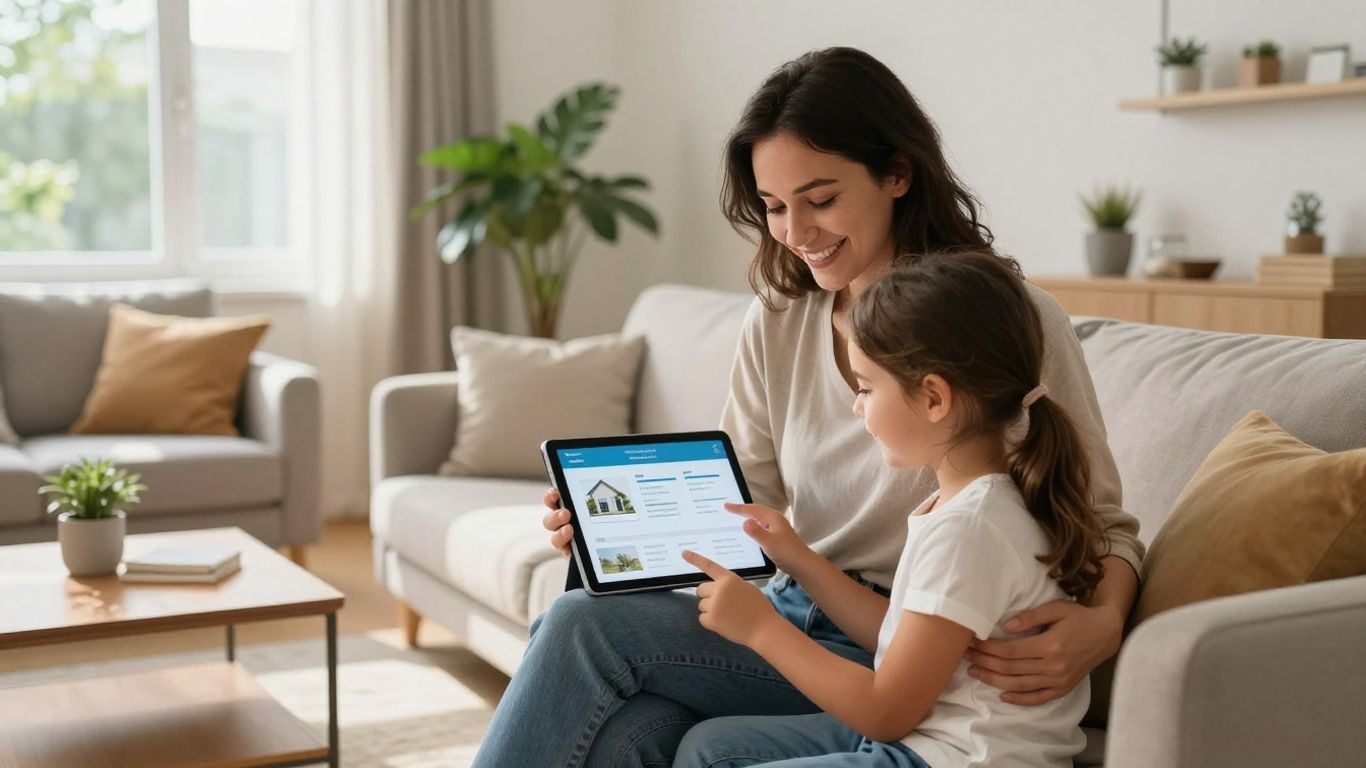 Familia comparando seguros de hogar en una tablet.