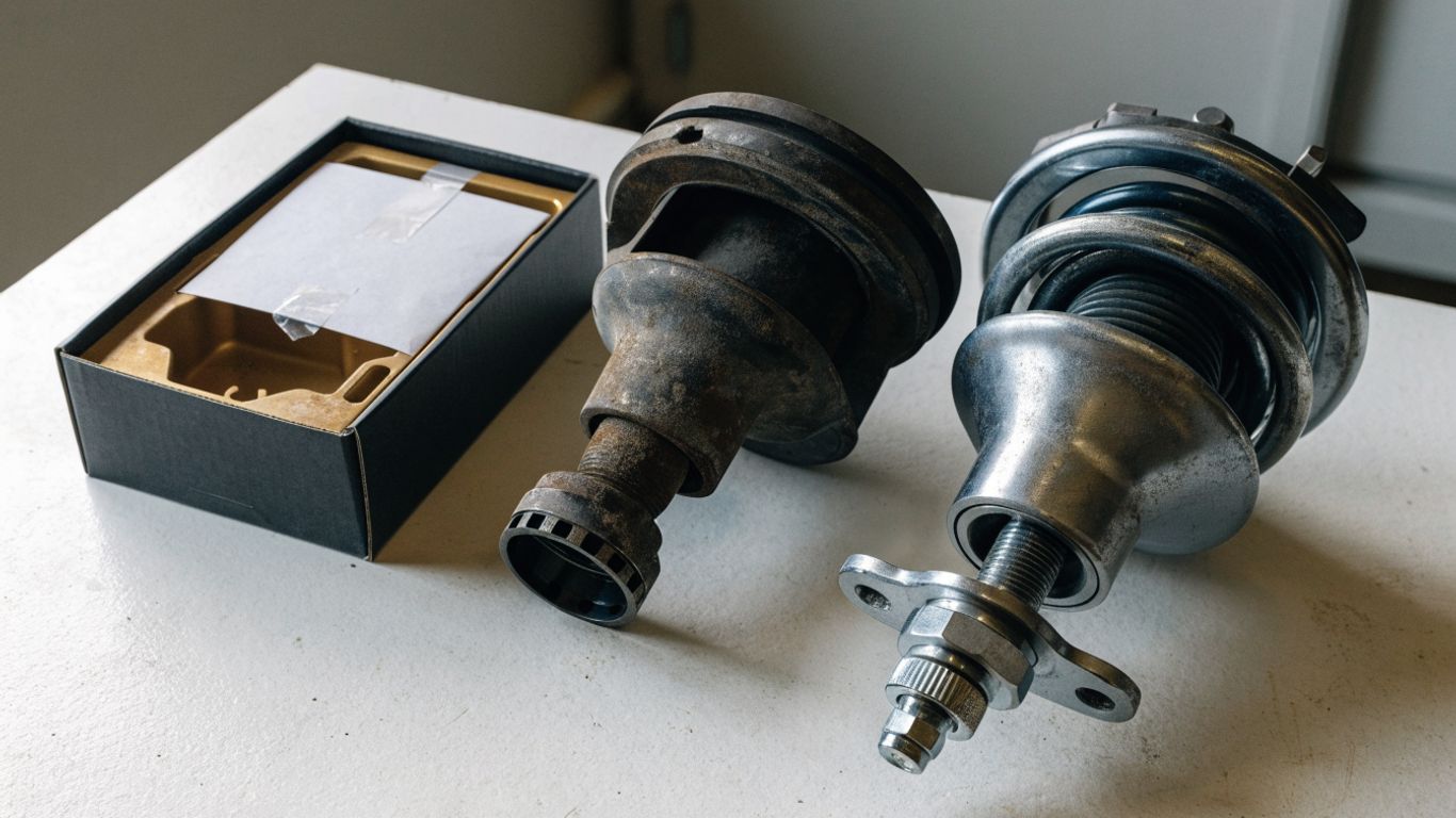 New and used E46 parts arranged for comparison