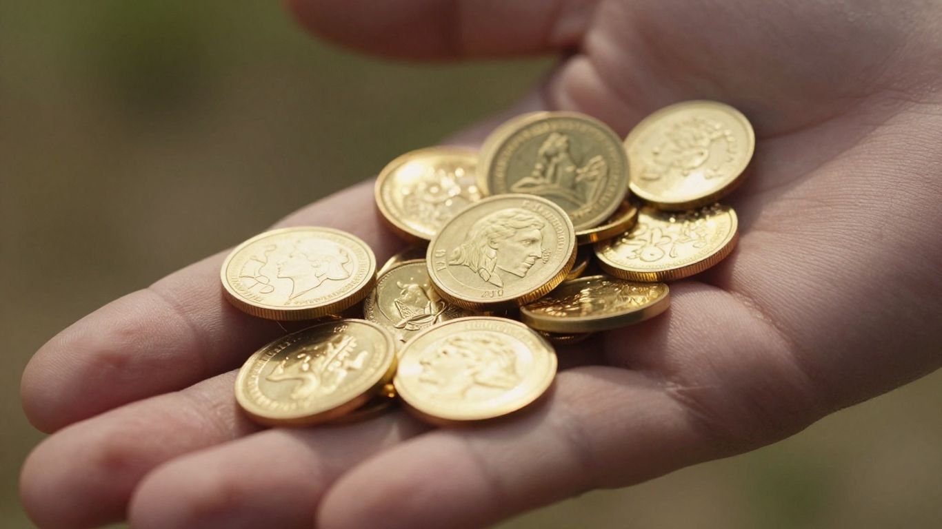 Golden hand holding gold coins and jewelry.
