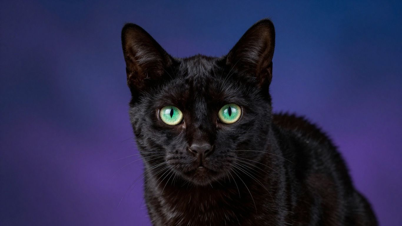Custom portrait of an elegant black cat with green eyes.