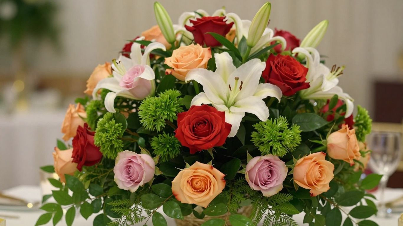 Beautiful Laverton flower arrangement with roses and lilies.