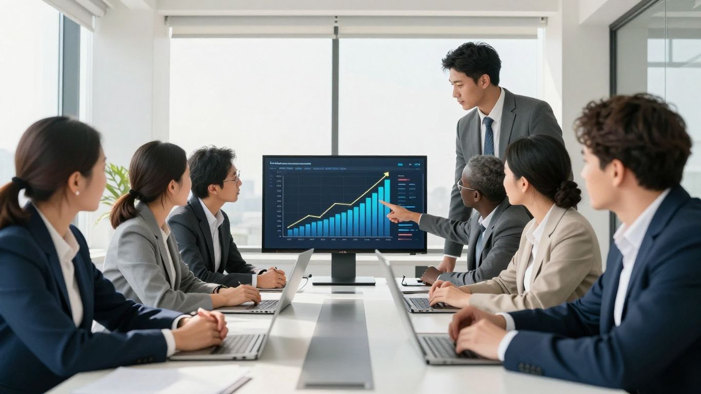 Business professionals discussing online marketing strategy.