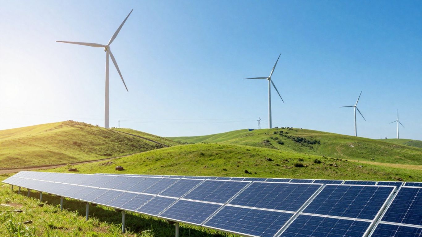Éoliennes et panneaux solaires dans un paysage ensoleillé.