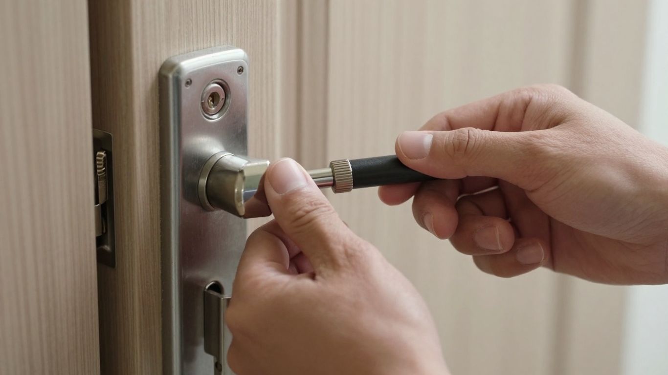 Professional locksmith working on door
