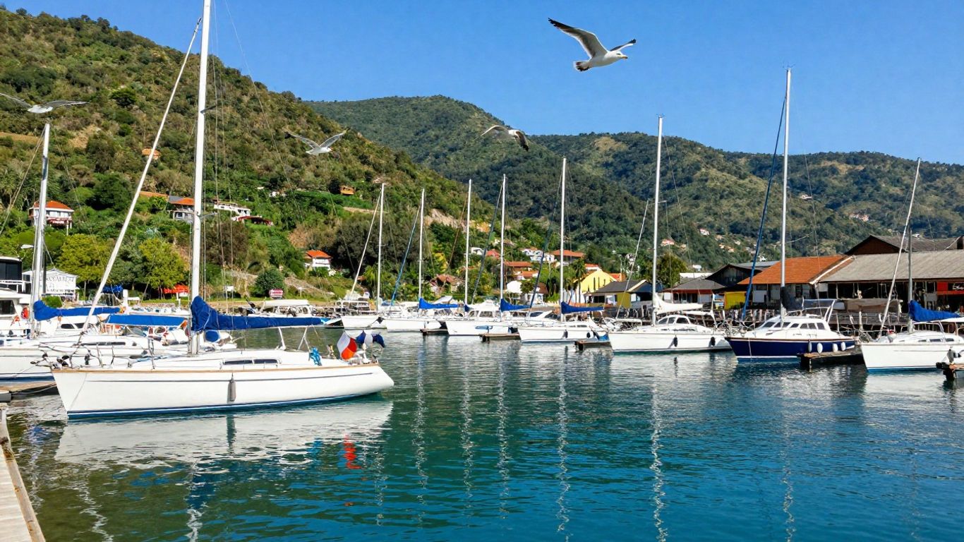 Sailboats docked in a sunny marina with blue water.