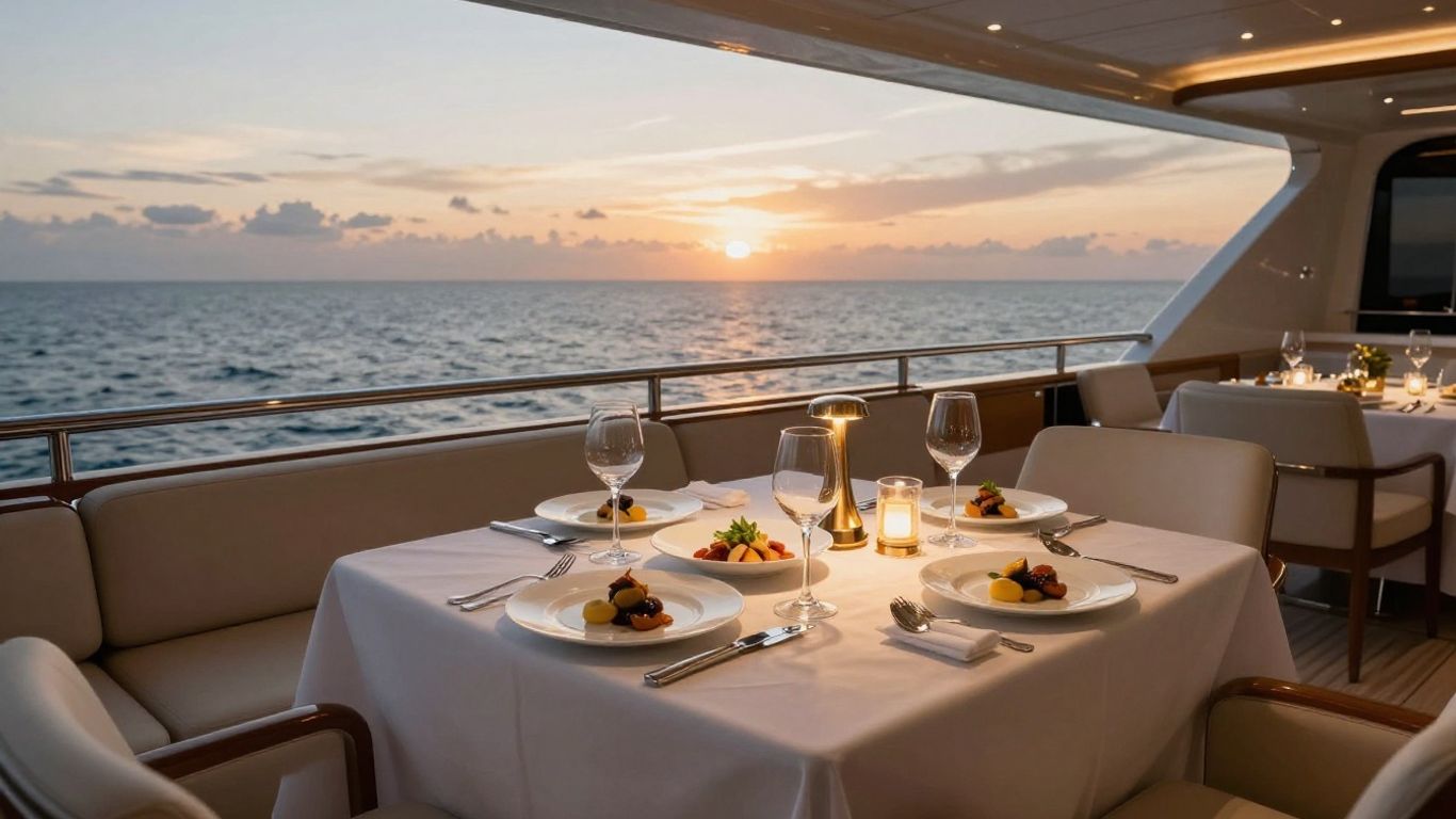 Elegant yacht dining table with gourmet dishes and ocean view.
