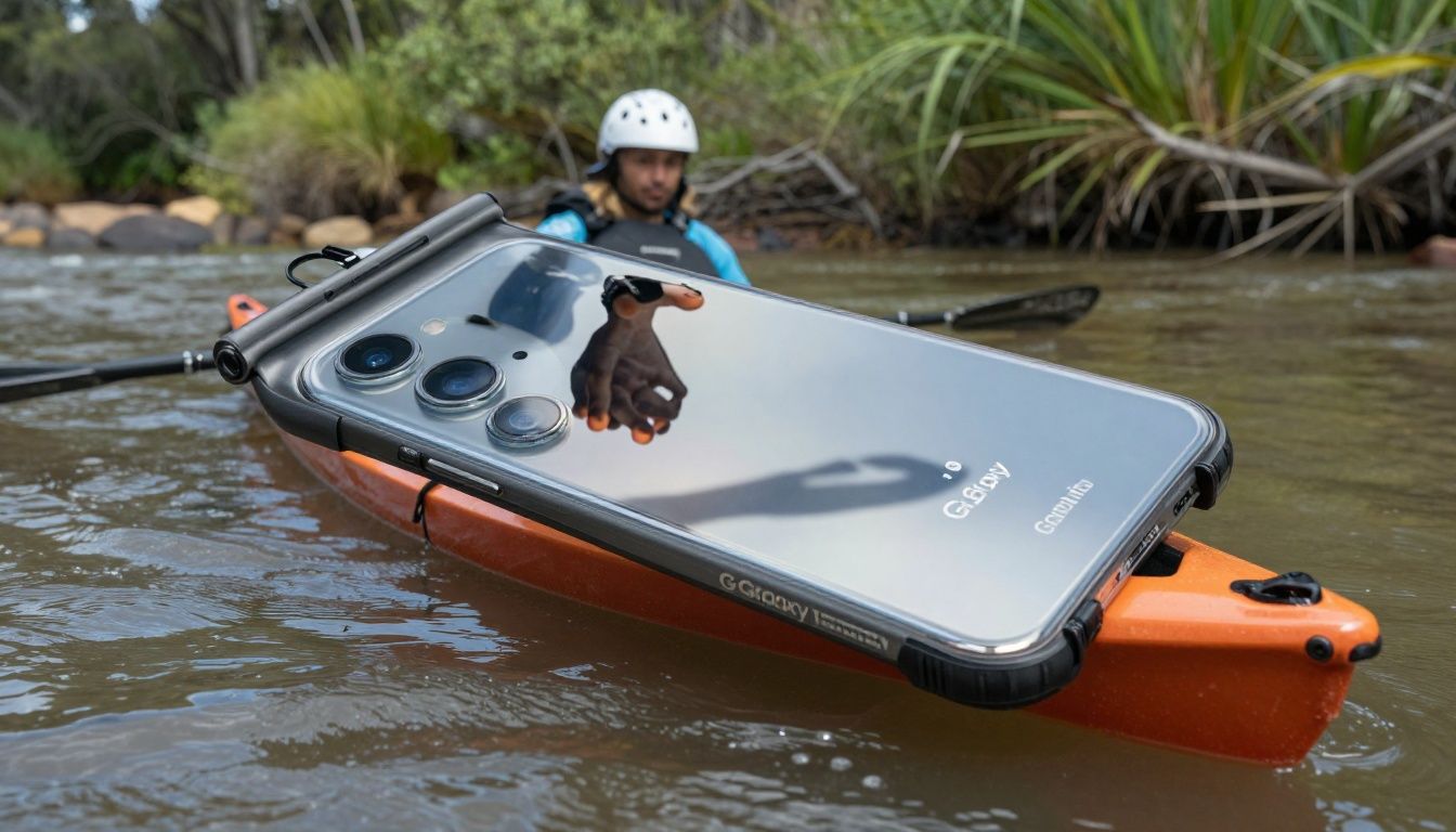 A kayaker checks their Galaxy S26, which is protected in a waterproof case, on a river in Australia