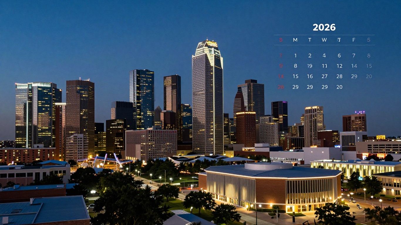 Dallas skyline with event venues and a 2026 calendar.