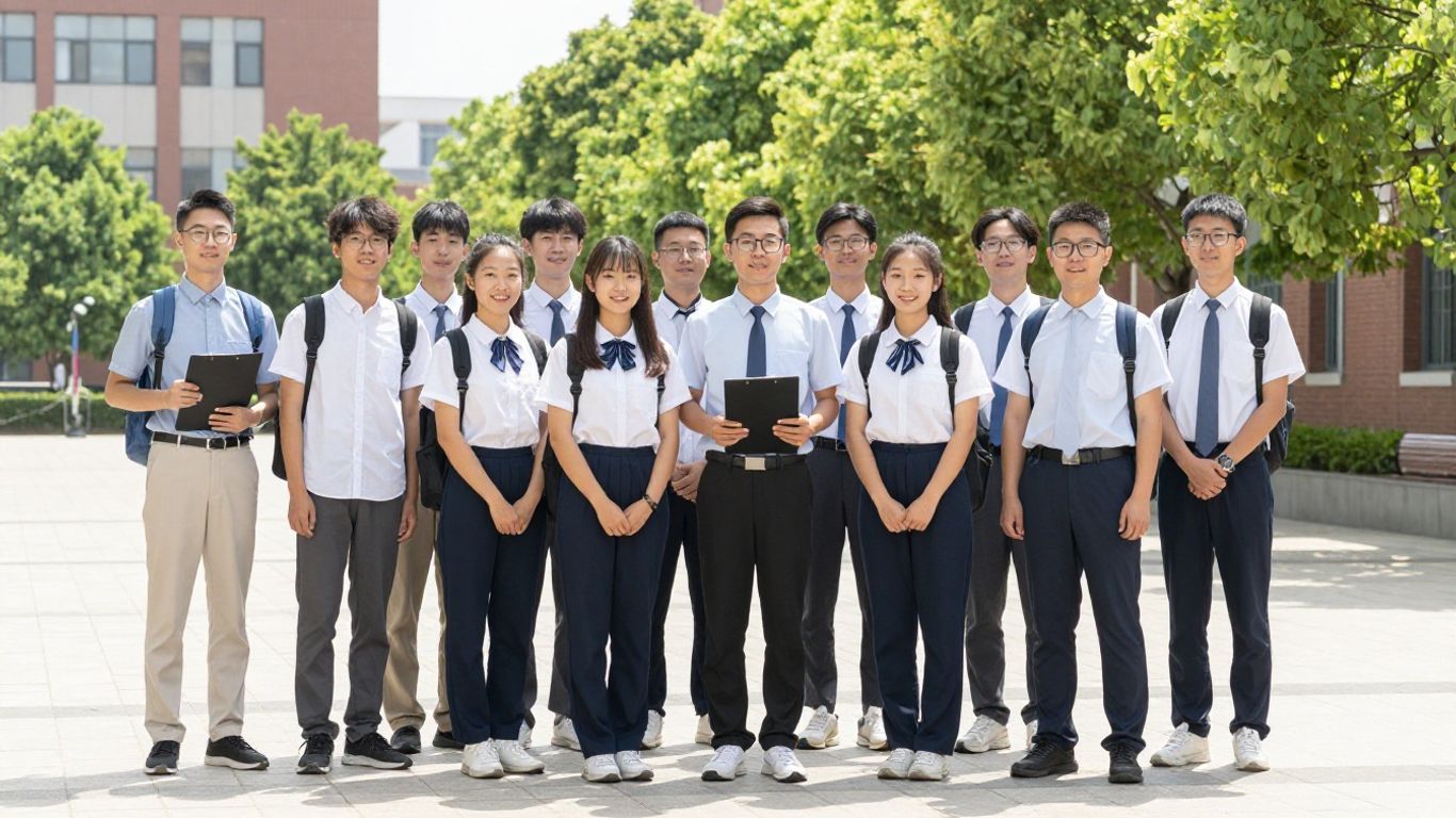 Students in uniform on campus, one holding a clipboard.