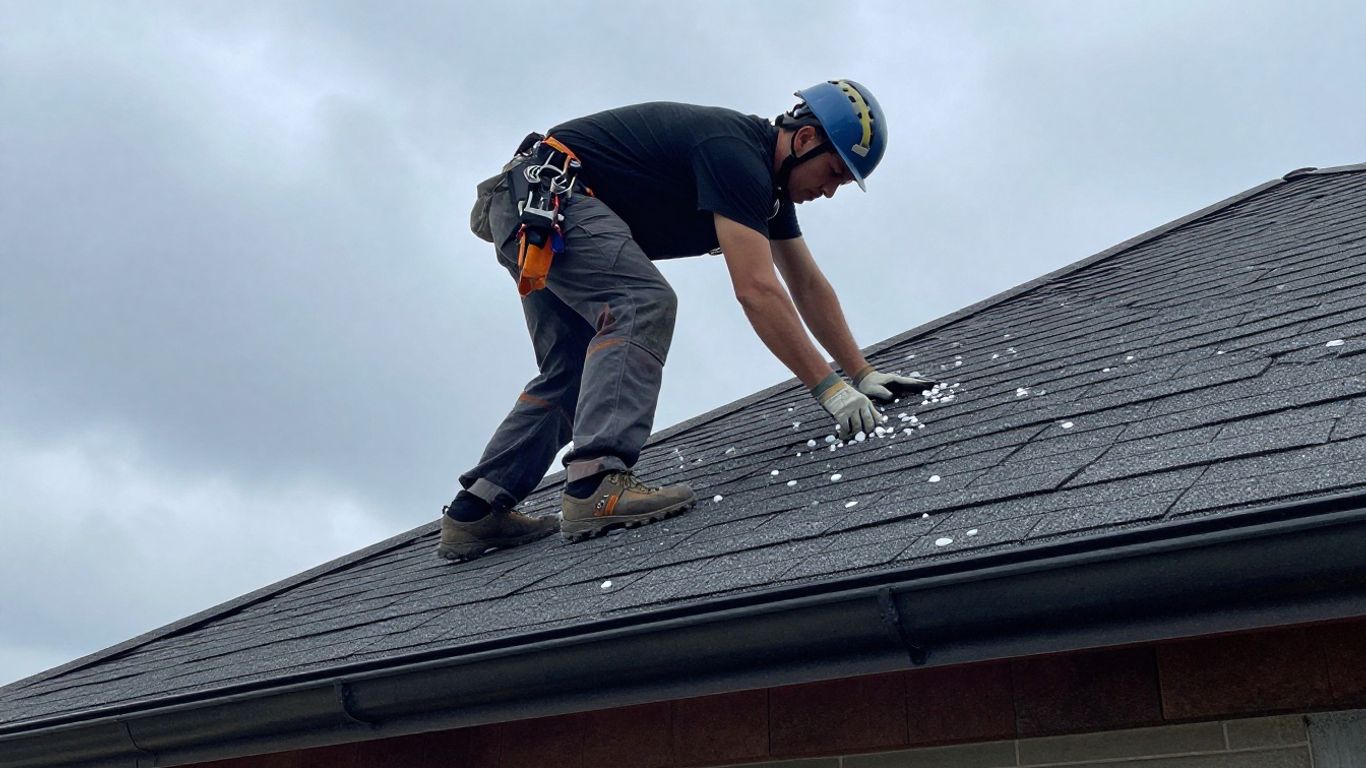 Roofer inspecting hail-damaged roof after storm