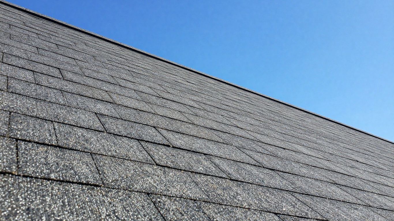 Close-up of rooftop shingles with blue sky.