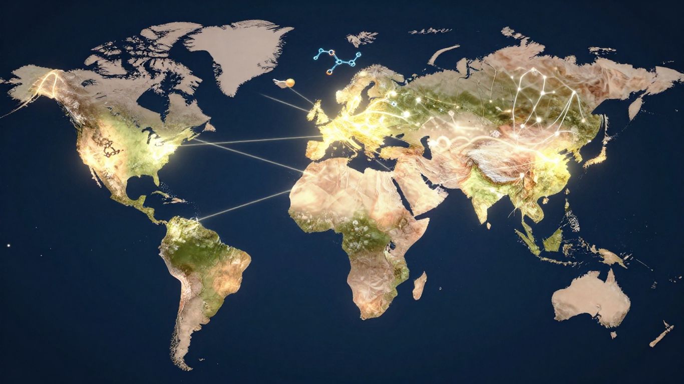 Global peptide research and supply map with connecting lines.