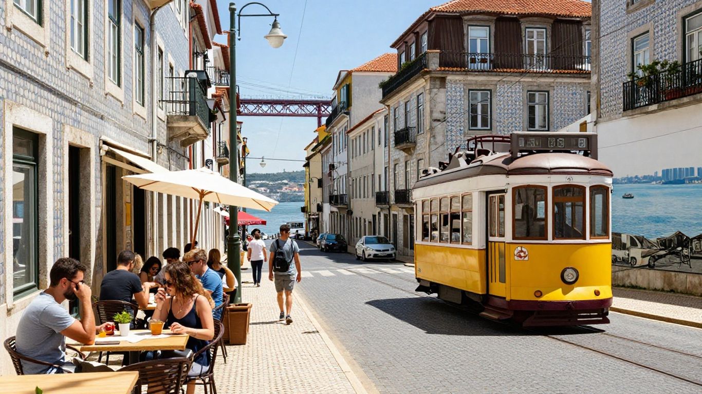 Lisbon street with colorful buildings and a tram.