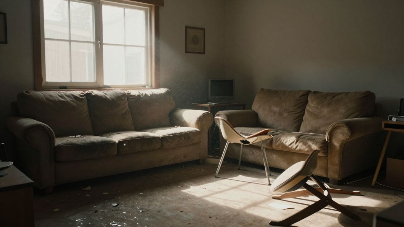 Worn furniture in a dimly lit Airbnb room.