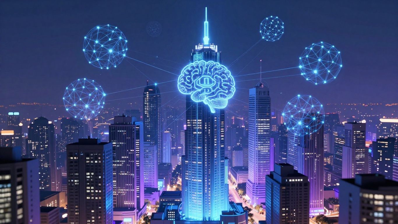 Futuristic cityscape with AI neural network patterns and digital energy.