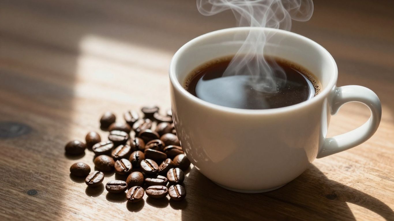 Coffee mug and iron supplements on a table.