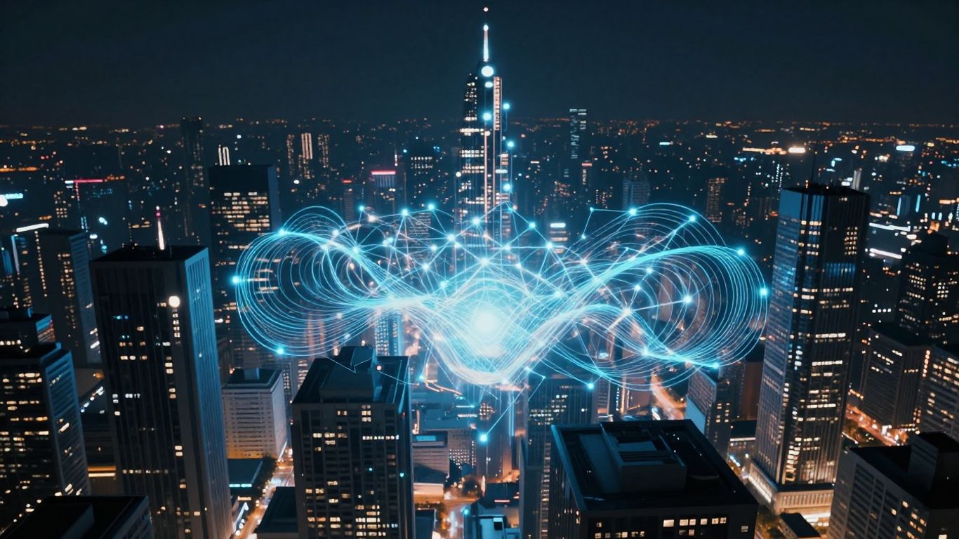 Futuristic cityscape with glowing AI neural network patterns.