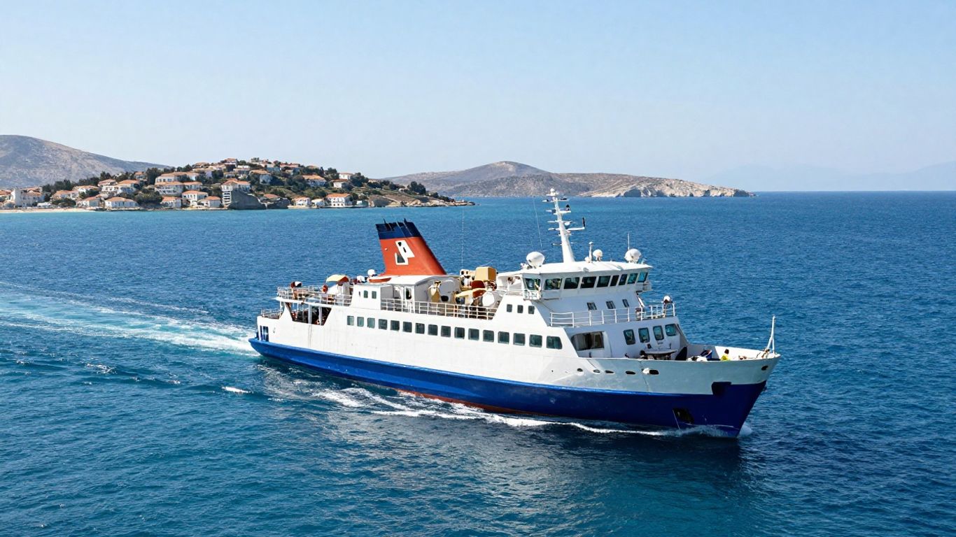 Ferry approaching Ithaca island across blue sea.