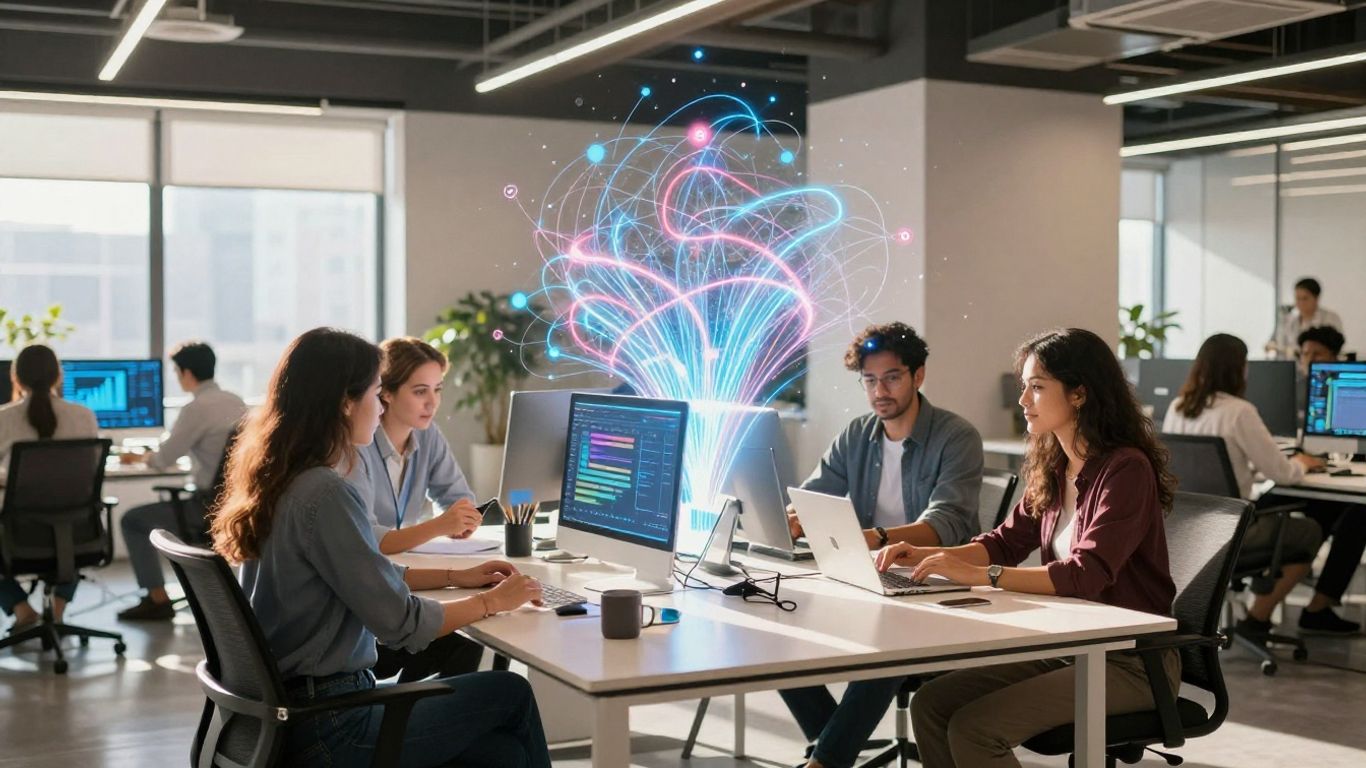 Digital transformation strategies for businesses. Business professionals collaborating in a modern, sunlit office.