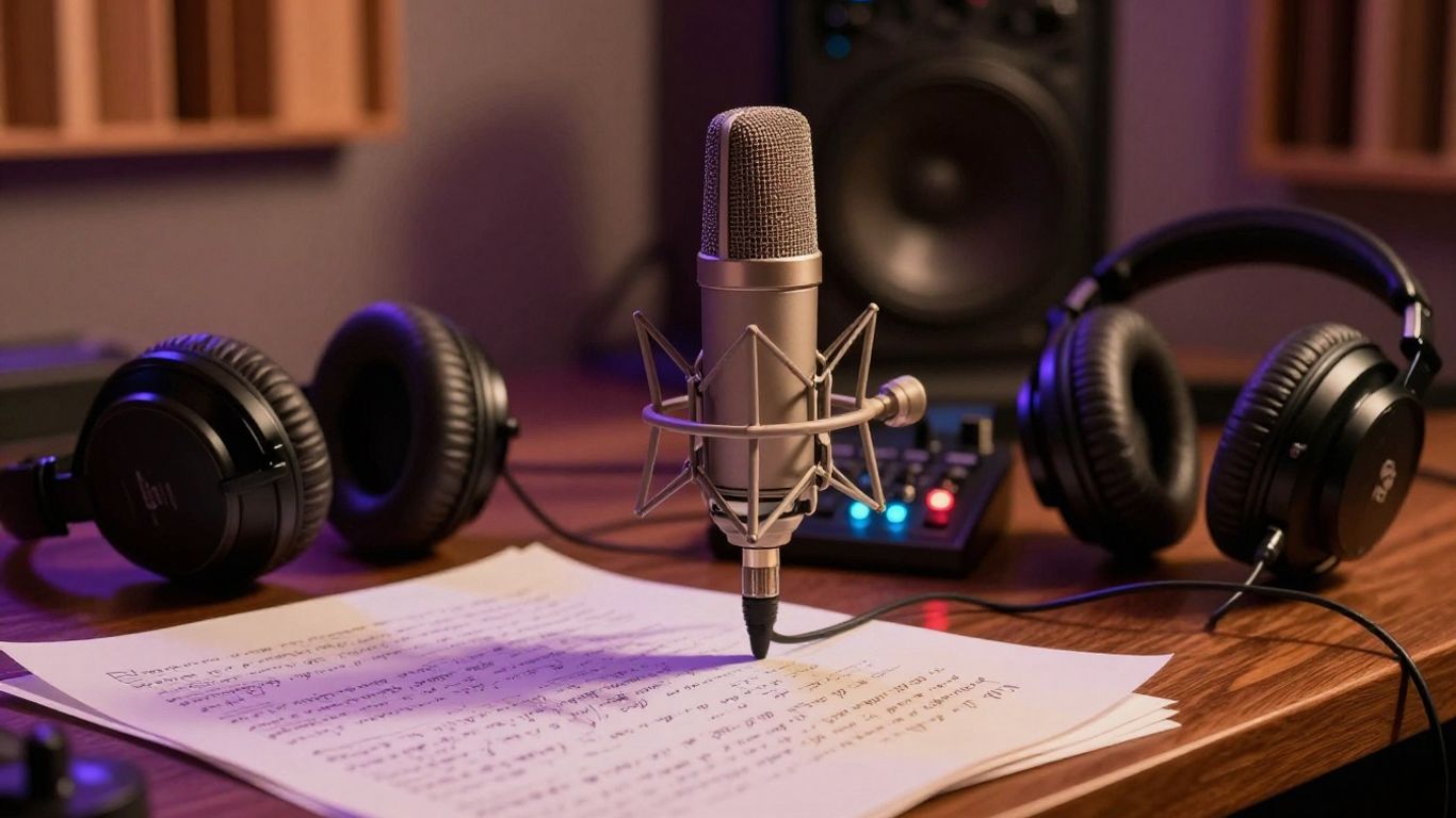 Close-up studio microphone beside glowing audio interface