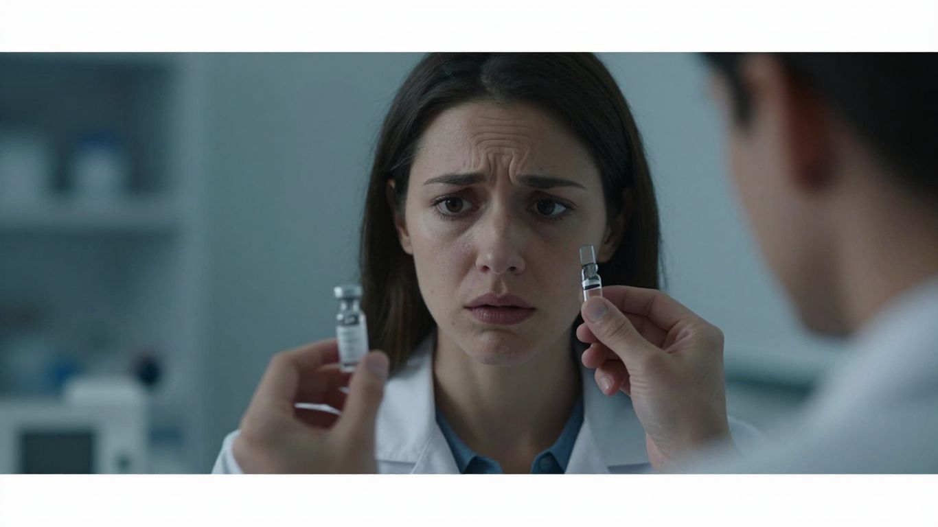 Person holding vial, looking concerned.