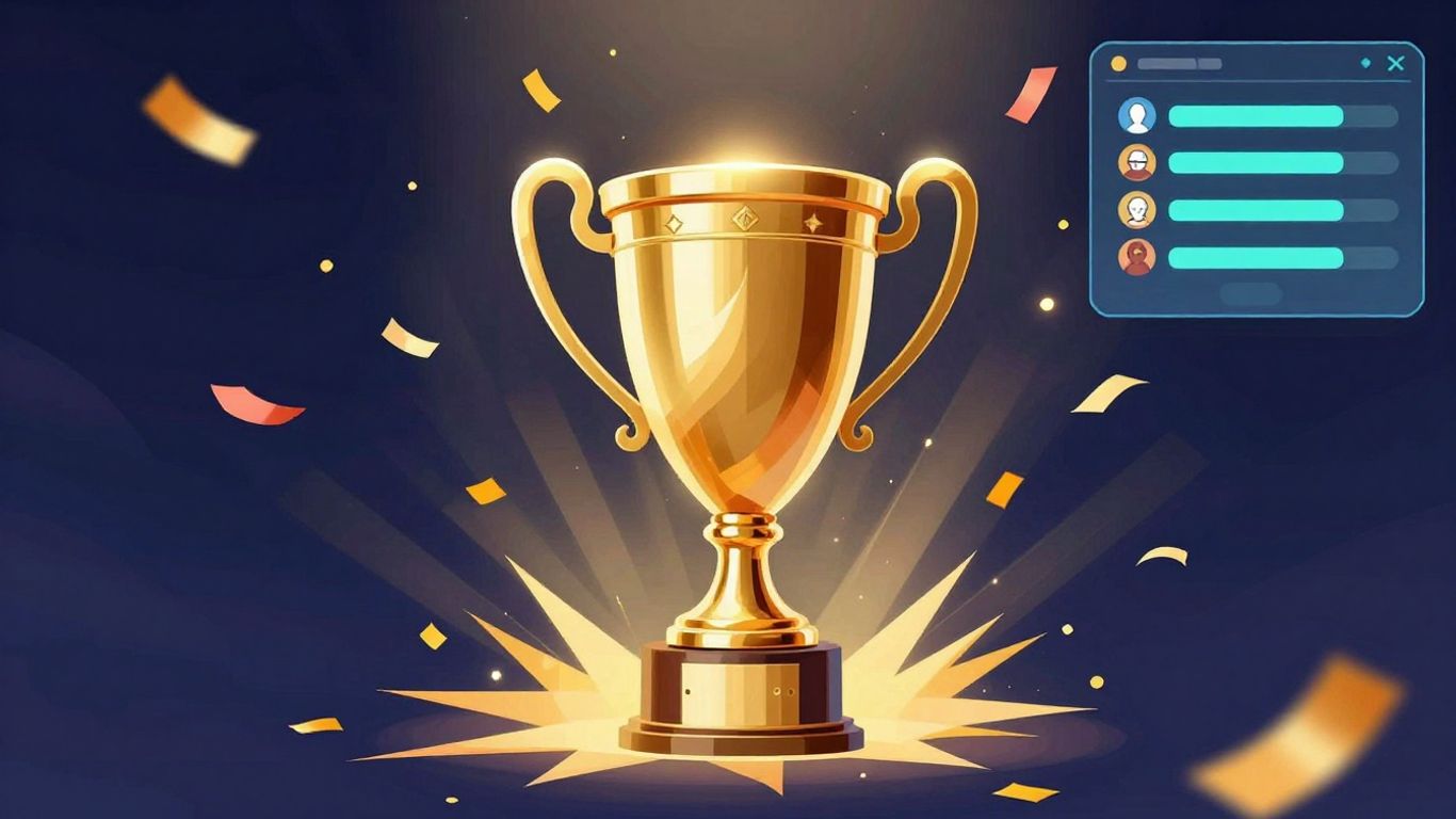Golden trophy with confetti and digital interface.
