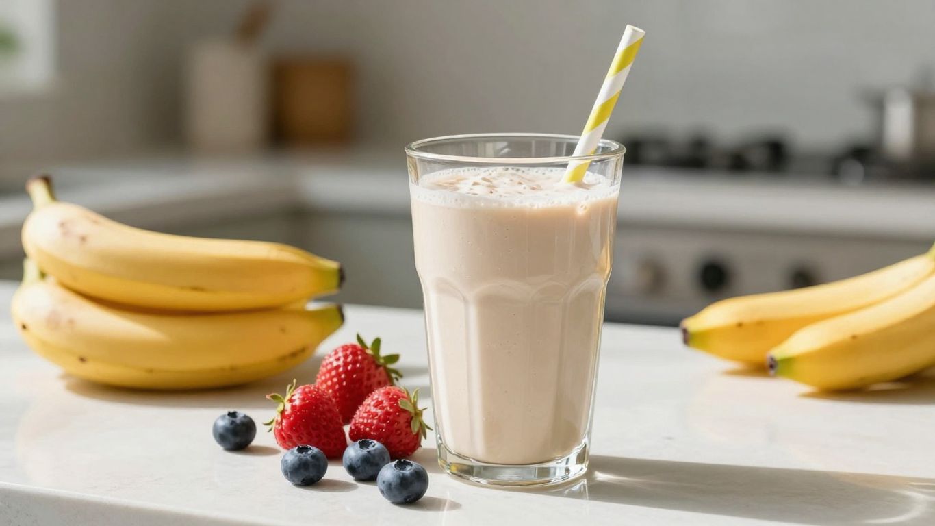 Herbalife protein shake with fresh fruits on a countertop.