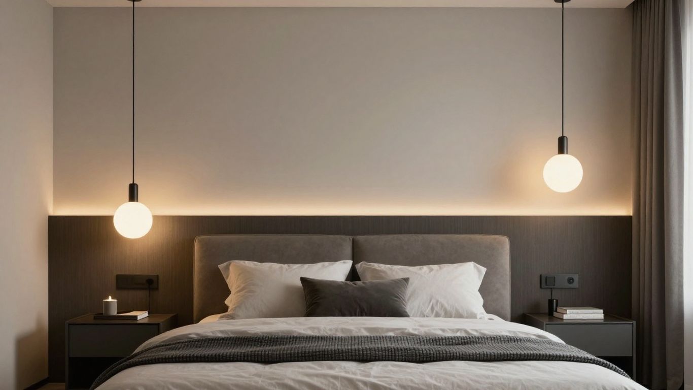 Modern bedroom with stylish hanging bedside lights.