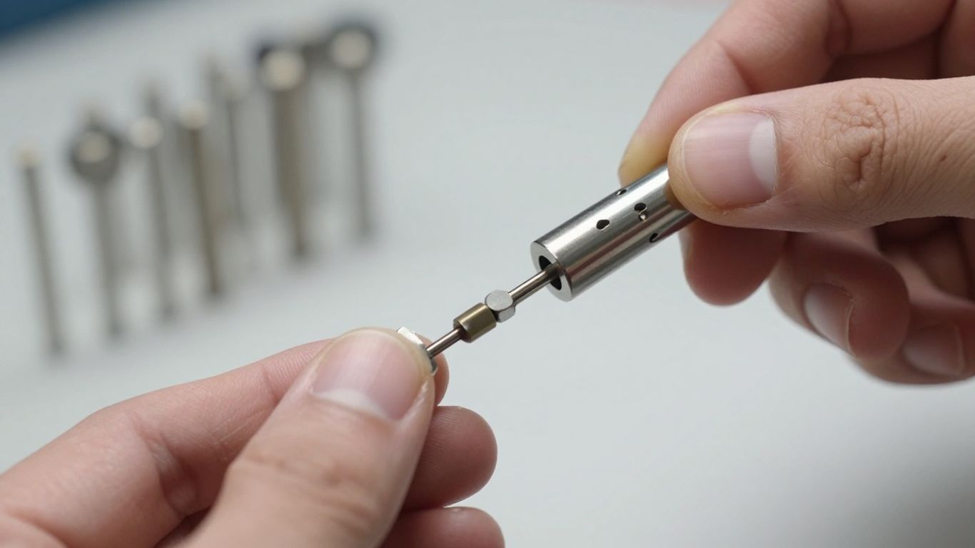 Locksmith rekeying a lock cylinder with pins.