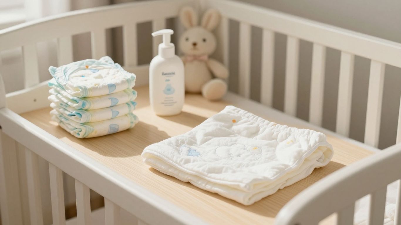 Diaper changing station with baby essentials and a soft toy.