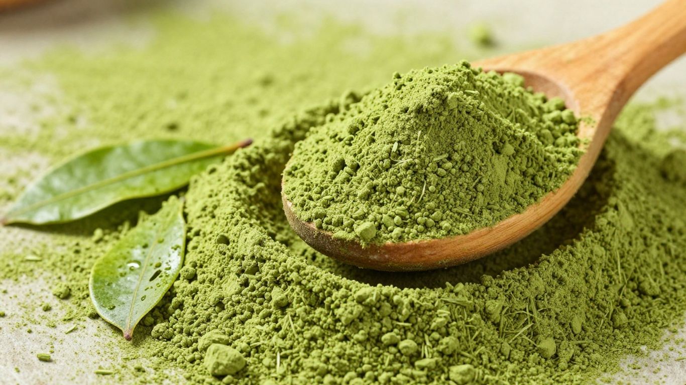 Vibrant green matcha powder in a wooden scoop.