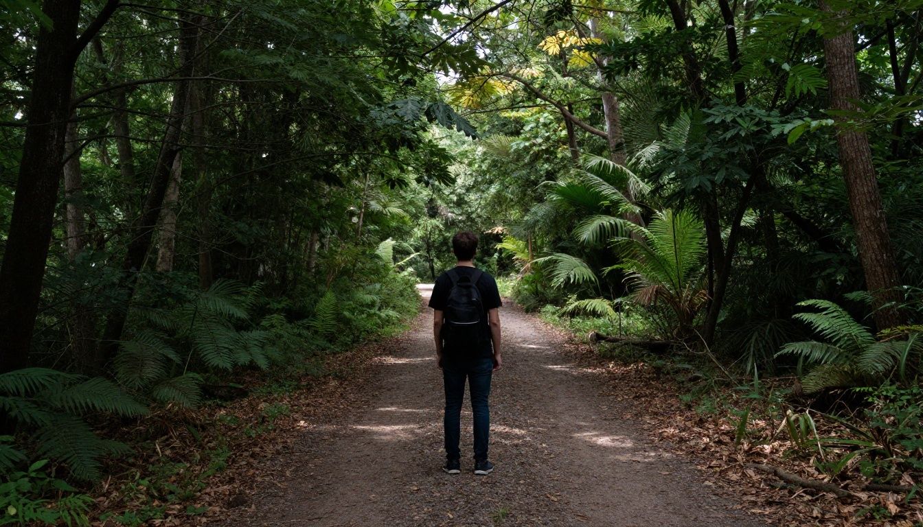 A person stands at a fork in a quiet, sunlit forest path, looking thoughtfully at the two diverging trails ahead.