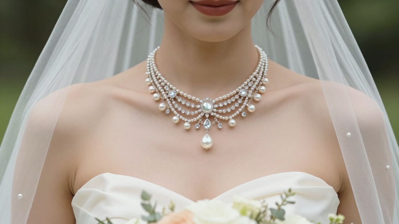 Layered bridal necklace styled with wedding dress